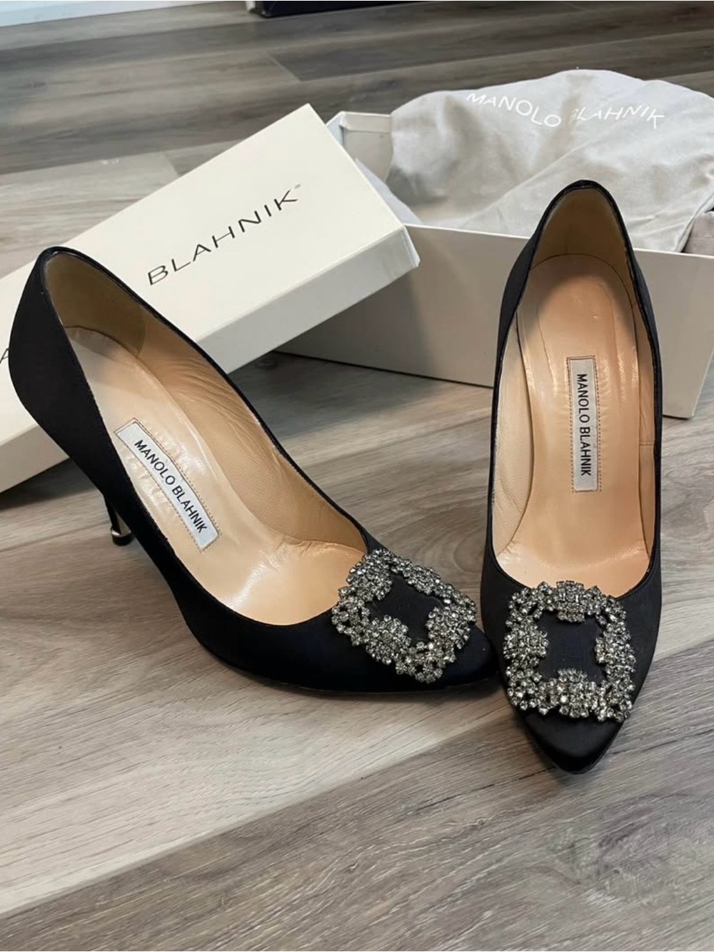 Manolo Blahnik Women's Black Satin HANGISI Pumps with Crystal Buckle